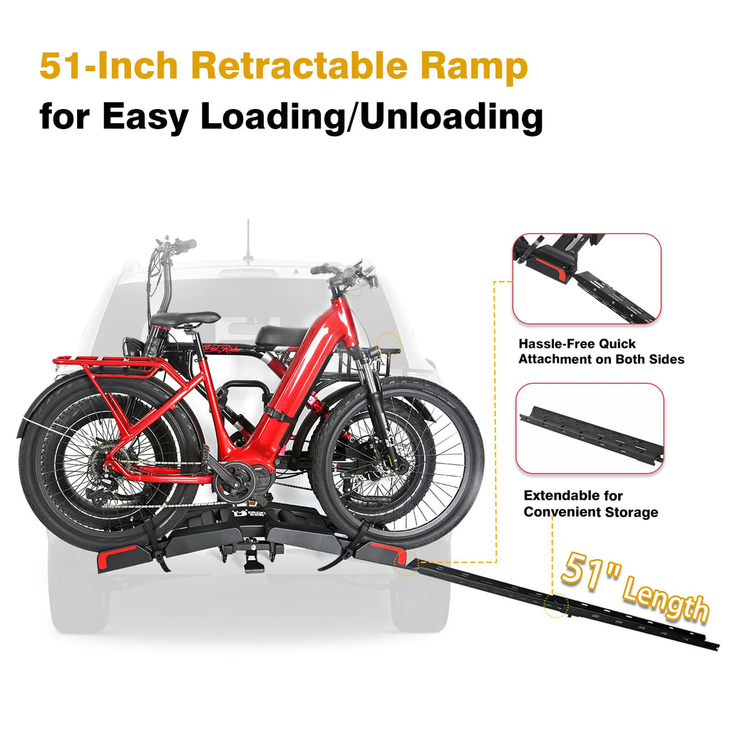 Eco Pro Upgraded 200lbs EBike Rack with Ramp for 2 E-Bikes, Hitch EBike Rack for Cars SUVs Trucks, Foldable Tilting Bike Rack Platform for Tow Hitch 2" Receiver, E-Bike Carrier Fits up to 5" Fat Tire