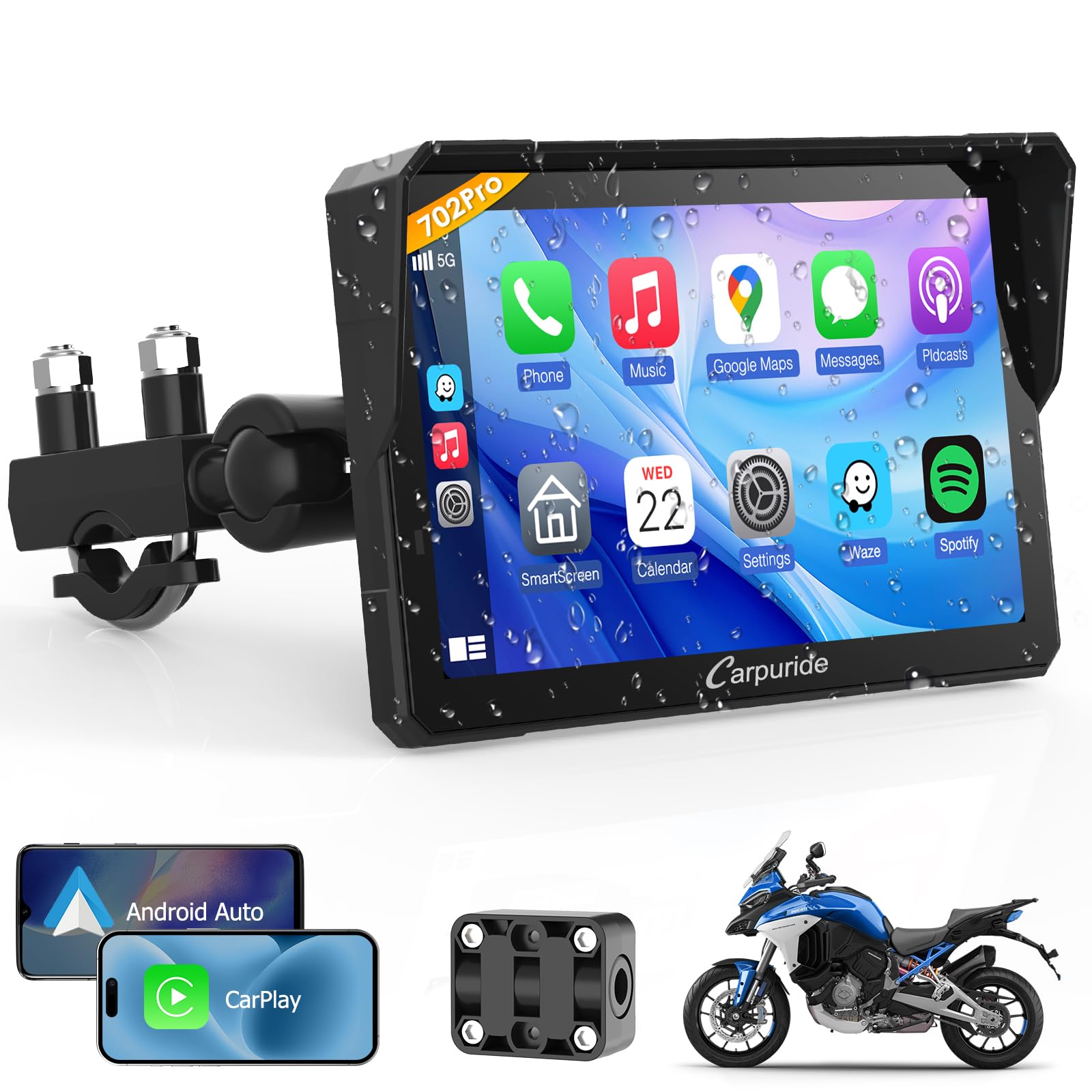 Carpuride W702PRO & W502PRO for Motorcycle CarPlay& Android Auto& Dual Bluetooth - 5"&7" Waterproof GPS Navigation Screen for Motorbike, Music Sharing, Intercom, EQ, Light Sensor, Compass, Barometer