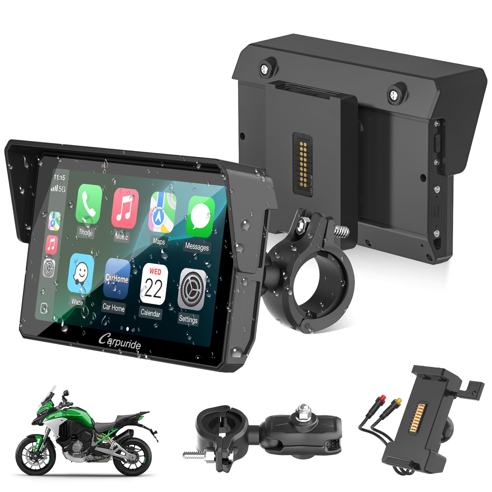 2025 Carpuride W702S PRO Motorcycle GPS Wireless Carplay/Android Auto, 7" Waterproof Motorbike Touch Screen, with BM05 Mount, Bluetooth Trans, Wired Controller, Navigation