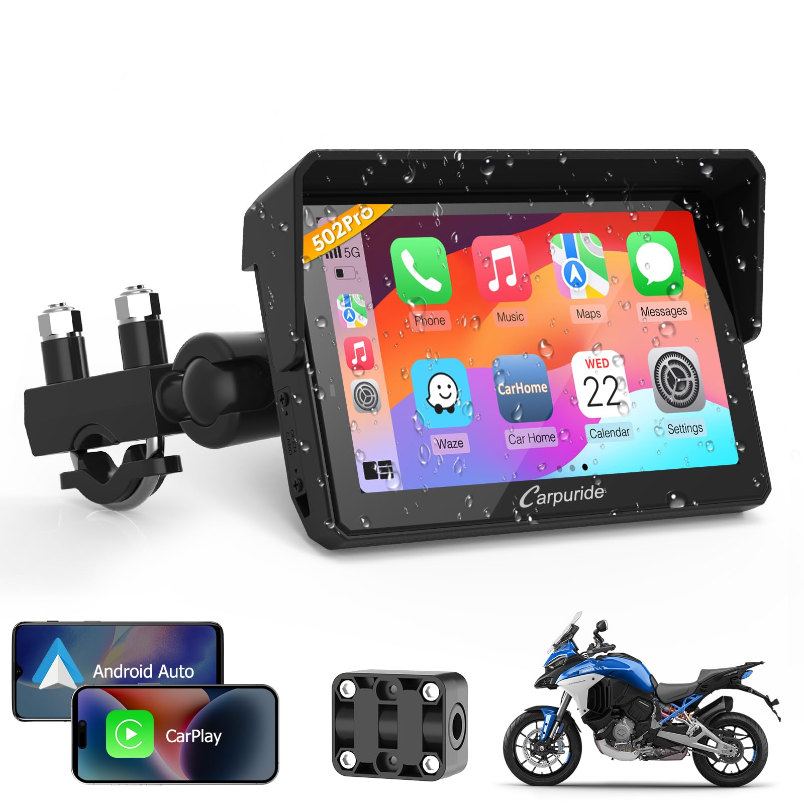 Carpuride W702PRO & W502PRO for Motorcycle CarPlay& Android Auto& Dual Bluetooth - 5"&7" Waterproof GPS Navigation Screen for Motorbike, Music Sharing, Intercom, EQ, Light Sensor, Compass, Barometer