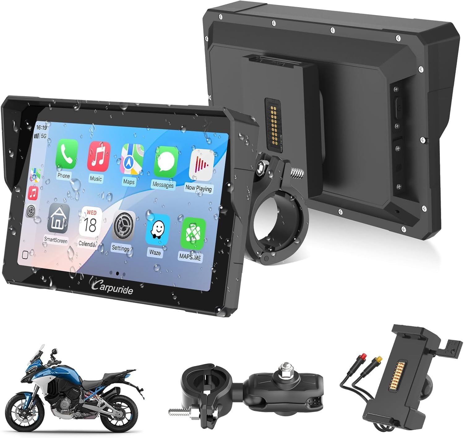 2025 Carpuride W702S PRO Motorcycle GPS Wireless Carplay/Android Auto, 7" Waterproof Motorbike Touch Screen, with BM05 Mount, Bluetooth Trans, Wired Controller, Navigation