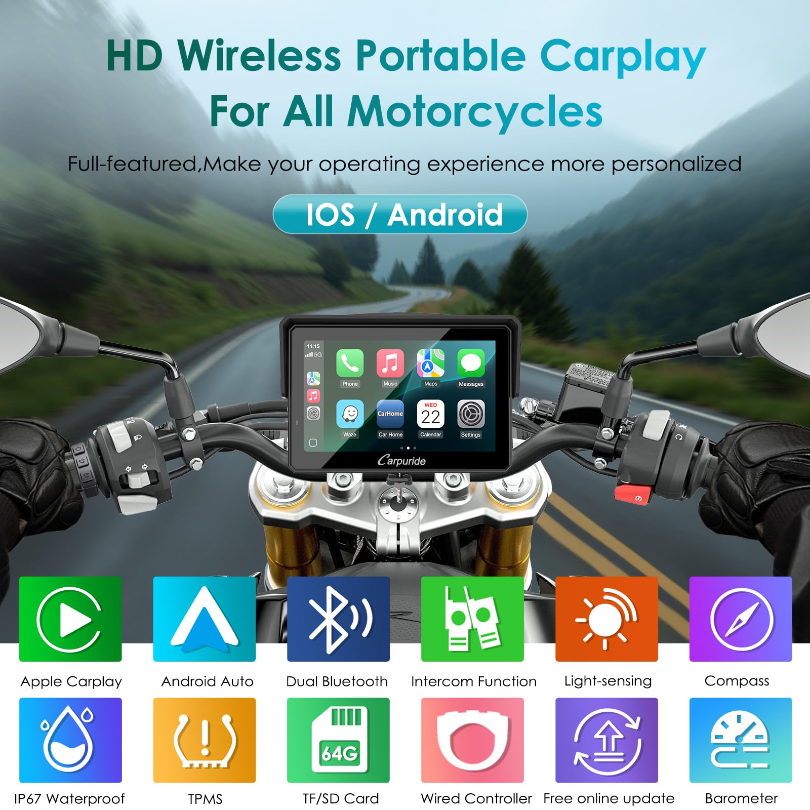 2025 Carpuride W702S PRO Motorcycle GPS Wireless Carplay/Android Auto, 7" Waterproof Motorbike Touch Screen, with BM05 Mount, Bluetooth Trans, Wired Controller, Navigation