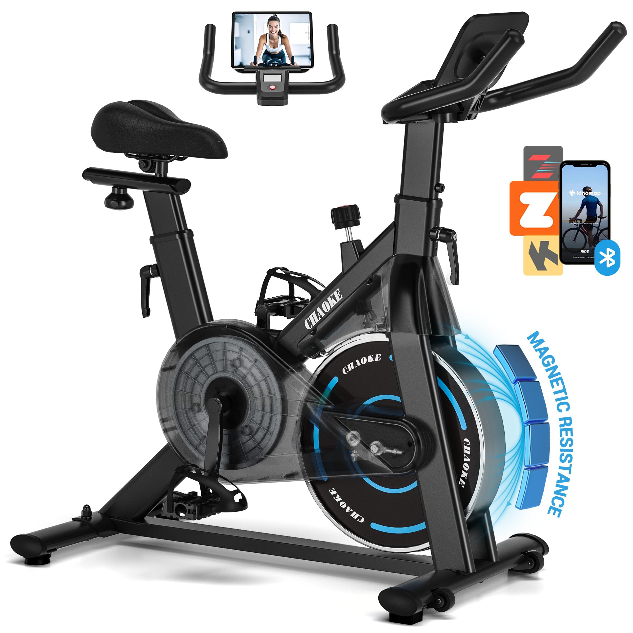 Exercise Bike, CHAOKE Quiet Adjustable Magnetic Resistance Stationary Bike for Home Cardio with App Compatible, 350LB Weight Capacity Indoor Cycling Bike with Comfortable Seat & Digital Display