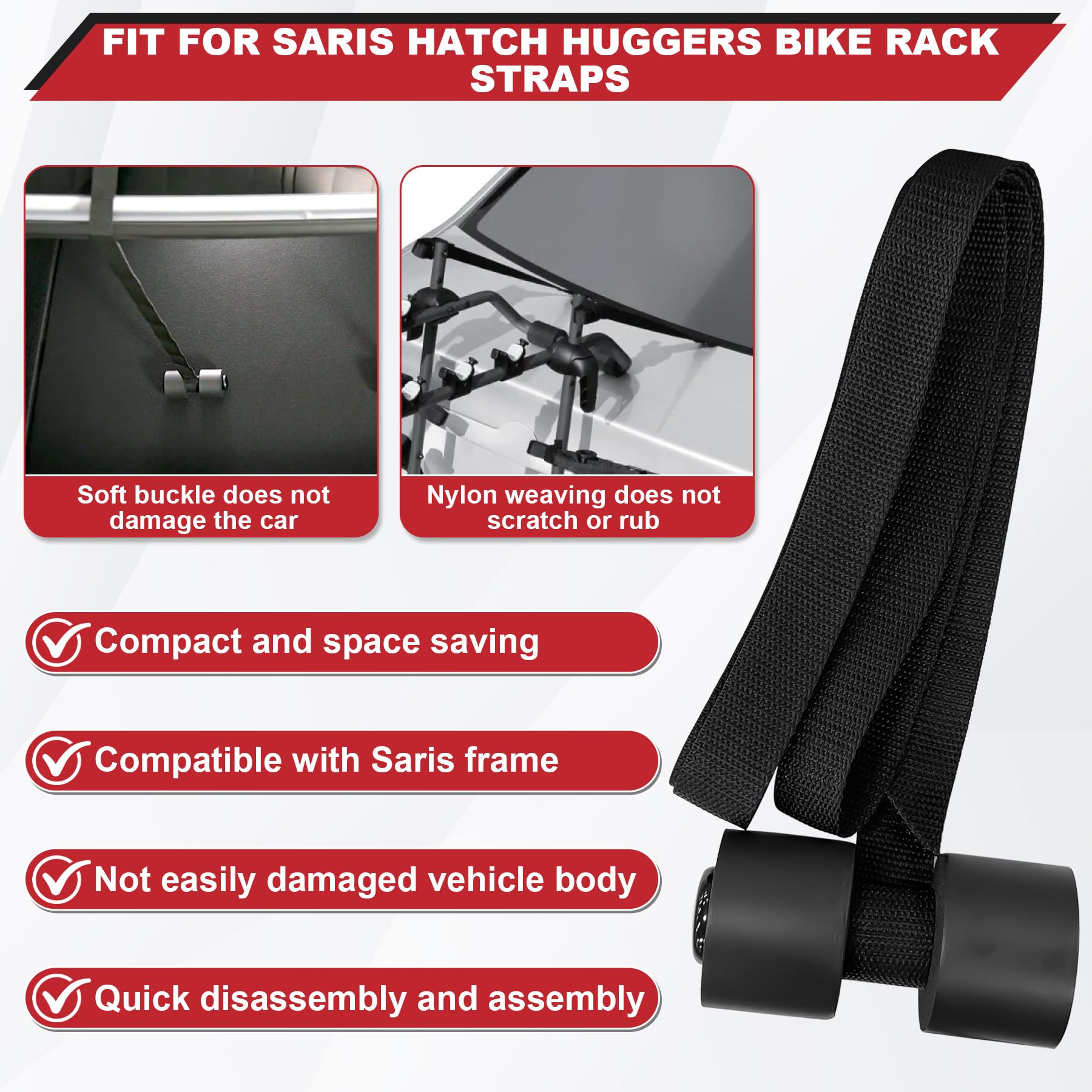 Bike Rack Straps Compatible with Saris Hatch Huggers Bike Rack Accessories Fit for Bones/Bones EX/Guardian, Glass Hatchbacks & SUV, Integrated Spoilers or Tight Ttrunk Gaps - 2PCS