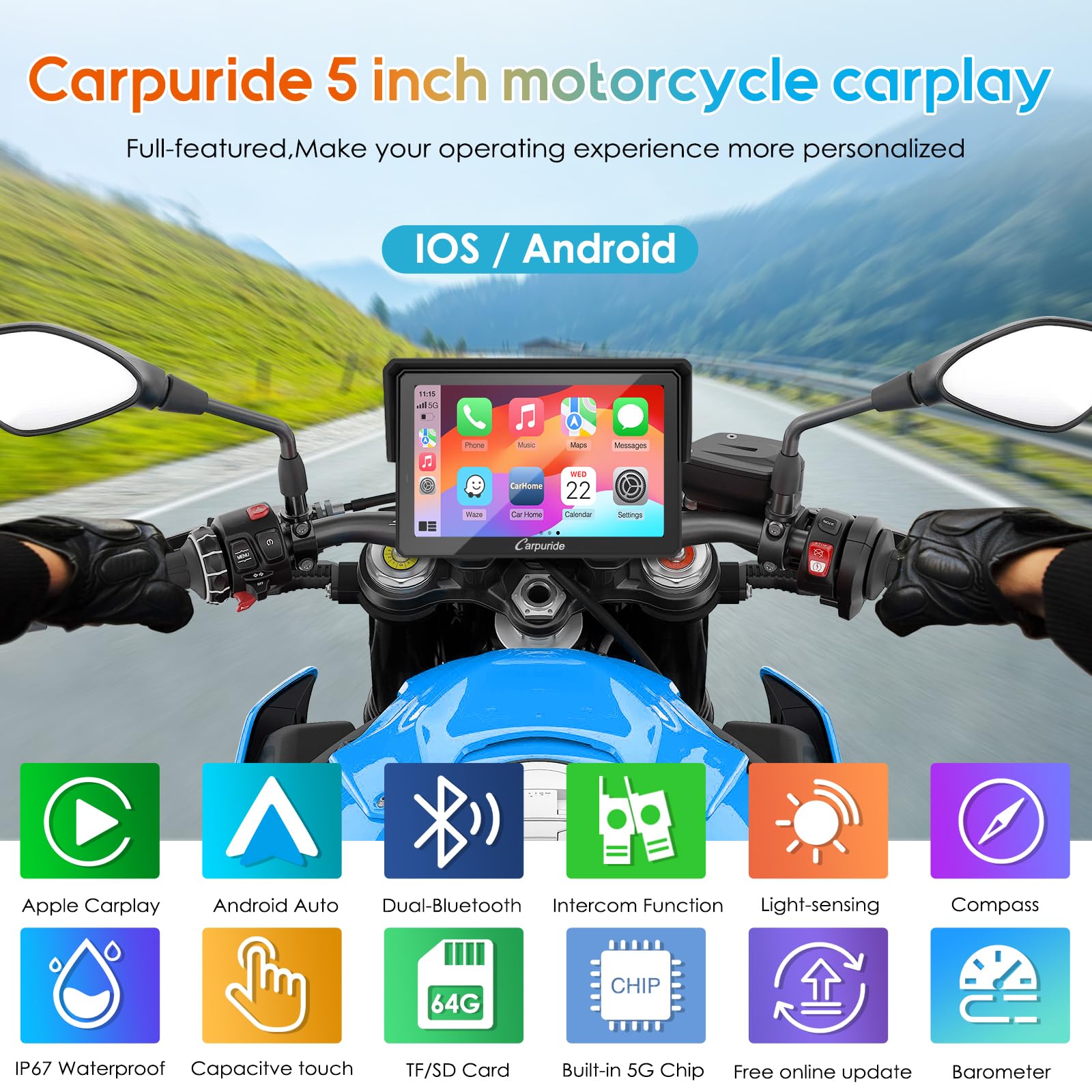 Carpuride W702PRO & W502PRO for Motorcycle CarPlay& Android Auto& Dual Bluetooth - 5"&7" Waterproof GPS Navigation Screen for Motorbike, Music Sharing, Intercom, EQ, Light Sensor, Compass, Barometer