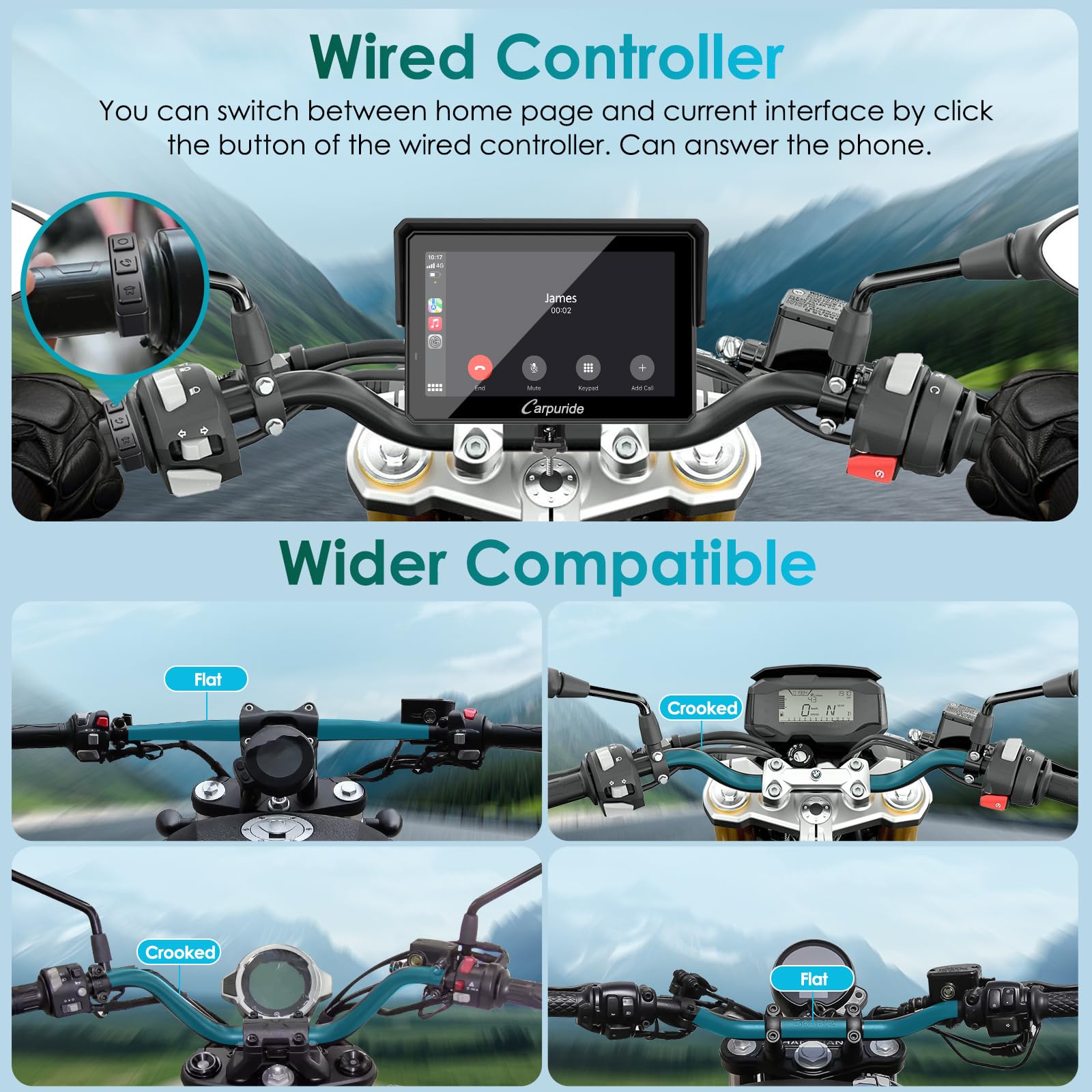 2025 Carpuride W702S PRO Motorcycle GPS Wireless Carplay/Android Auto, 7" Waterproof Motorbike Touch Screen, with BM05 Mount, Bluetooth Trans, Wired Controller, Navigation