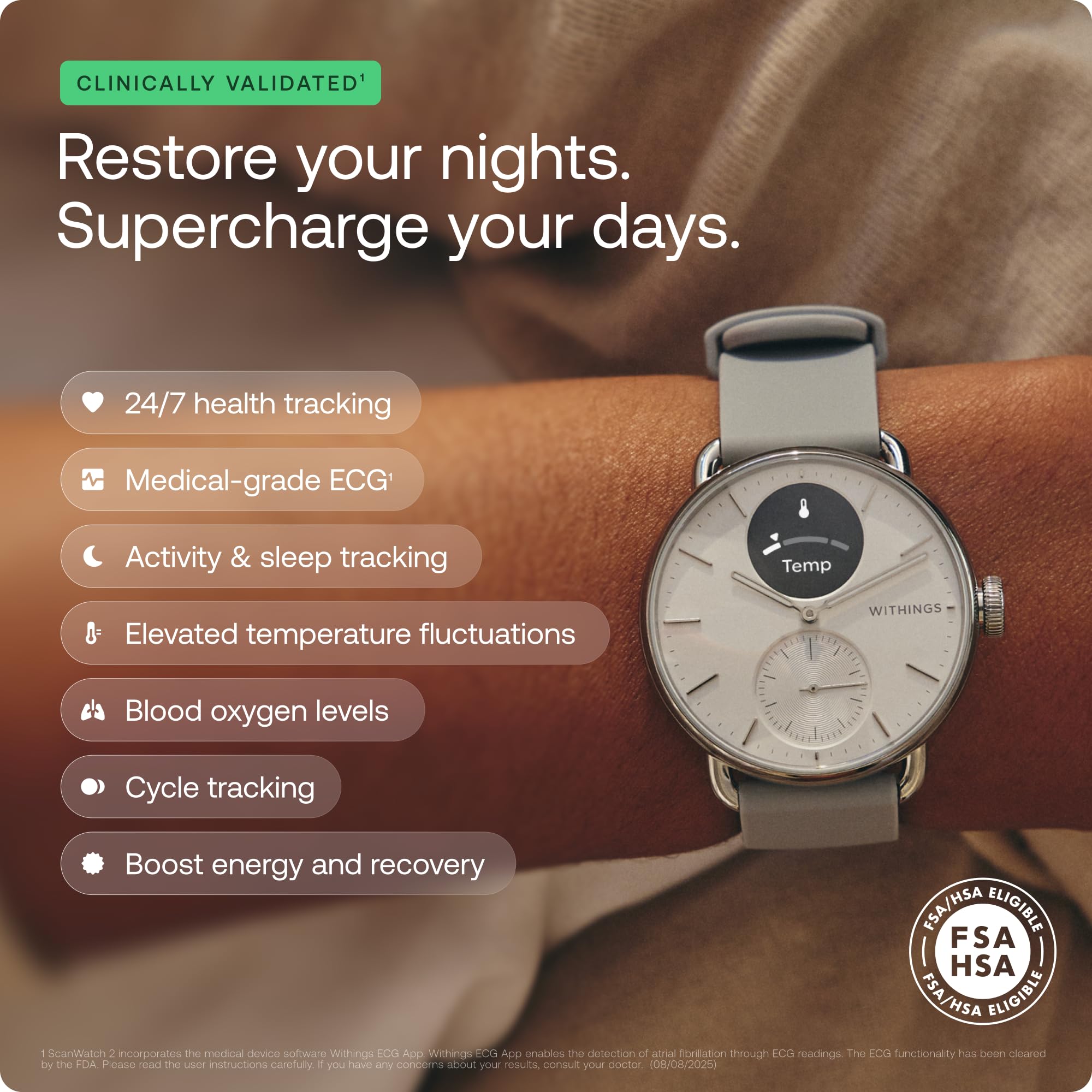 Withings ScanWatch 2 - Hybrid Smart Watch, Heart Rate Monitoring, Fitness Tracker, Cycle Tracker, Sleep Monitoring, GPS Tracker, 30-Day Battery