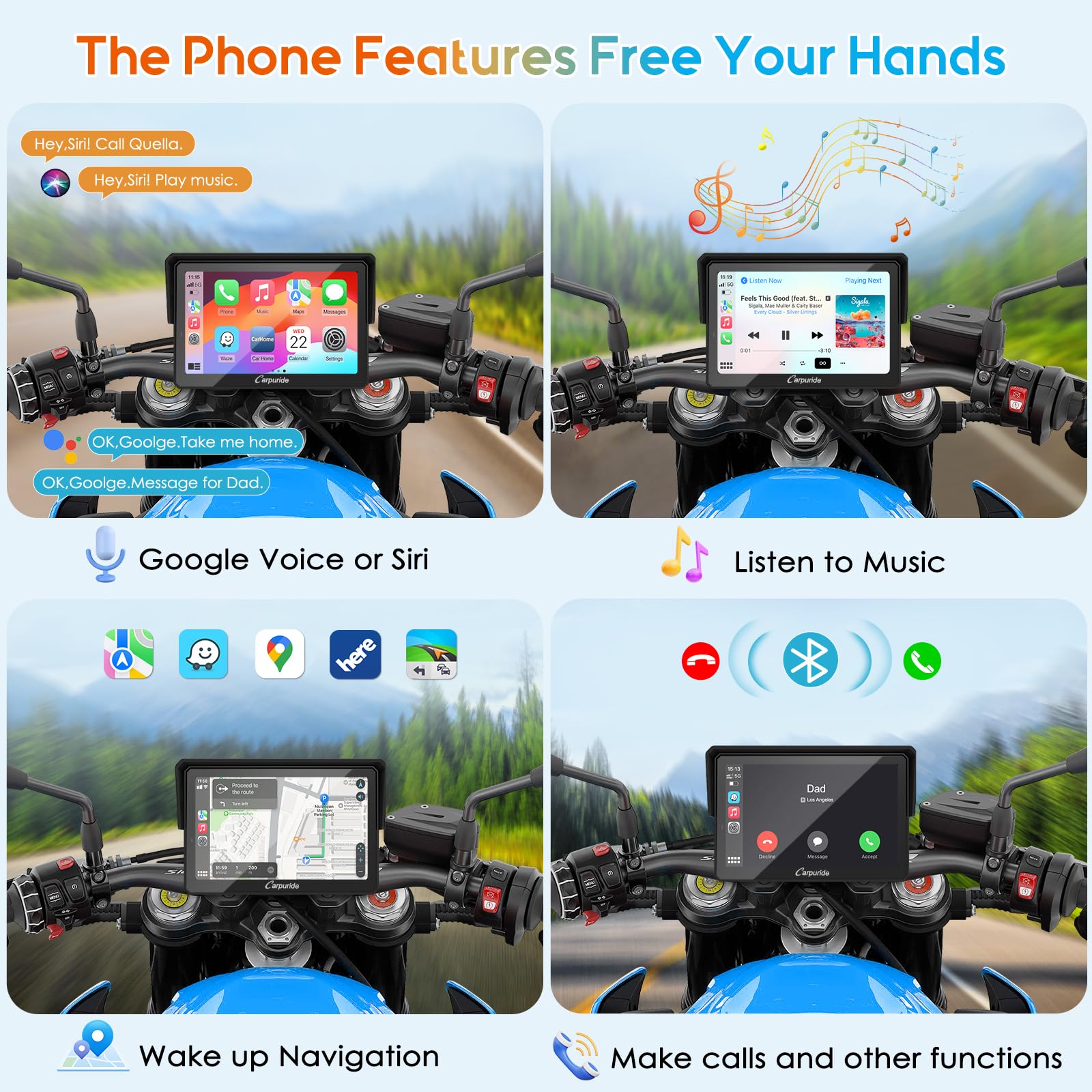 Carpuride W702PRO & W502PRO for Motorcycle CarPlay& Android Auto& Dual Bluetooth - 5"&7" Waterproof GPS Navigation Screen for Motorbike, Music Sharing, Intercom, EQ, Light Sensor, Compass, Barometer