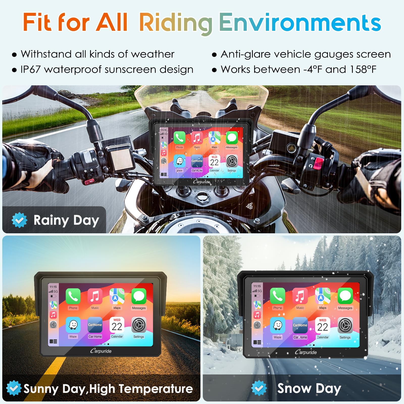 Carpuride W702PRO & W502PRO for Motorcycle CarPlay& Android Auto& Dual Bluetooth - 5"&7" Waterproof GPS Navigation Screen for Motorbike, Music Sharing, Intercom, EQ, Light Sensor, Compass, Barometer