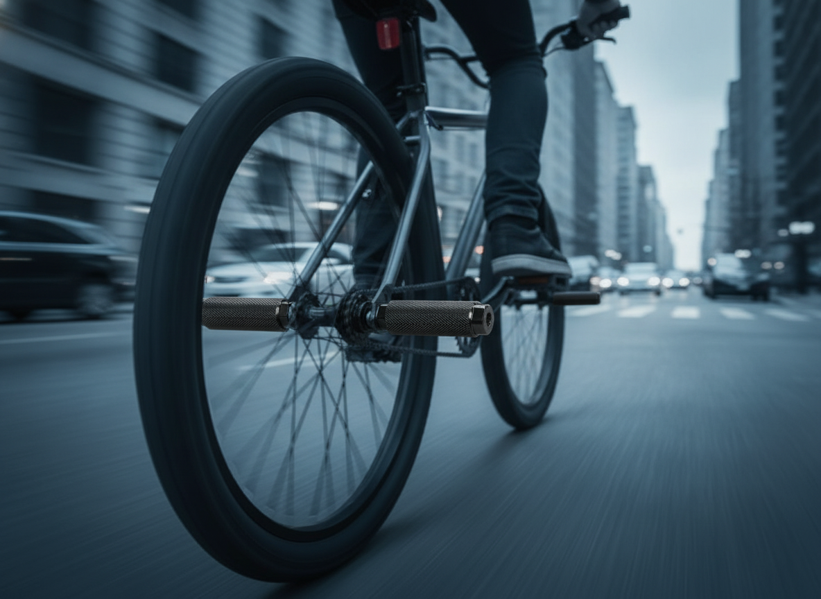 Close-up of black aluminum alloy anti-skid bike pegs on a mountain bike's rear axle in blurred city traffic.