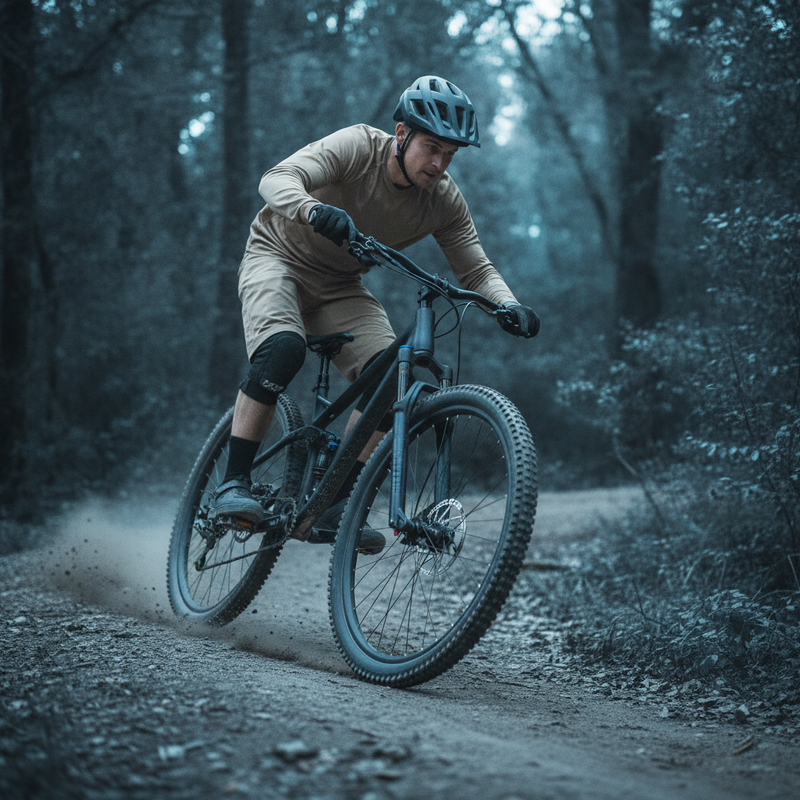 A mountain biker performs a stunt on a dirt trail, one foot on an aluminum alloy anti-skid bike peg, demonstrating its reliab