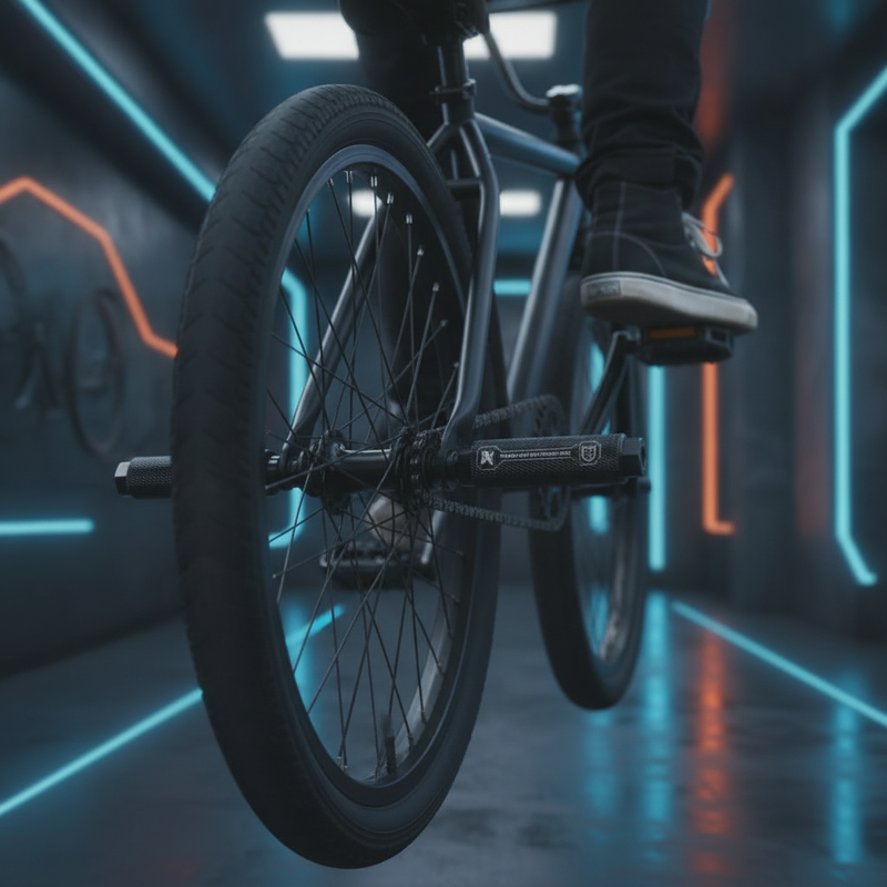 Close-up of a mountain biker performing a stunt, showcasing aluminum alloy anti-skid bike pegs on the rear wheel in a futuris