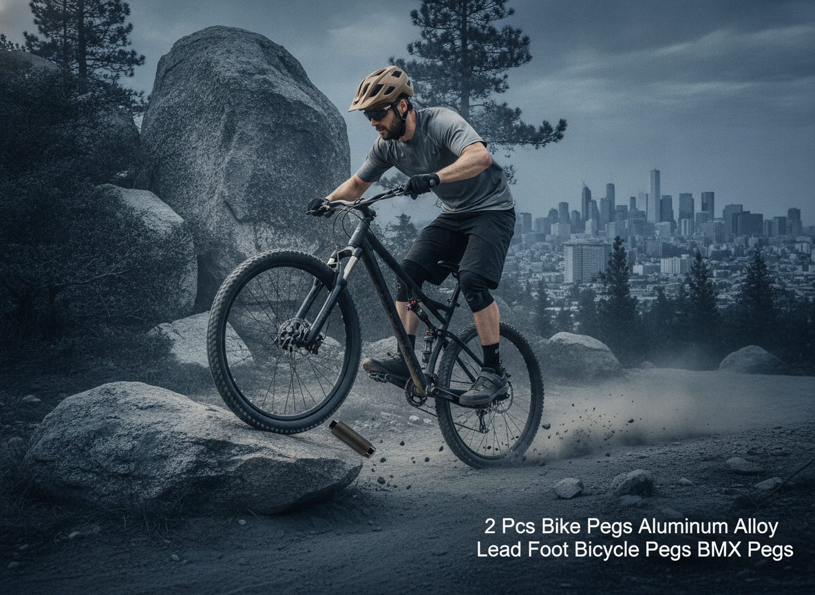 Mountain bike with aluminum anti-skid pegs attached, ridden by a cyclist on a rugged trail with an urban skyline in the backg
