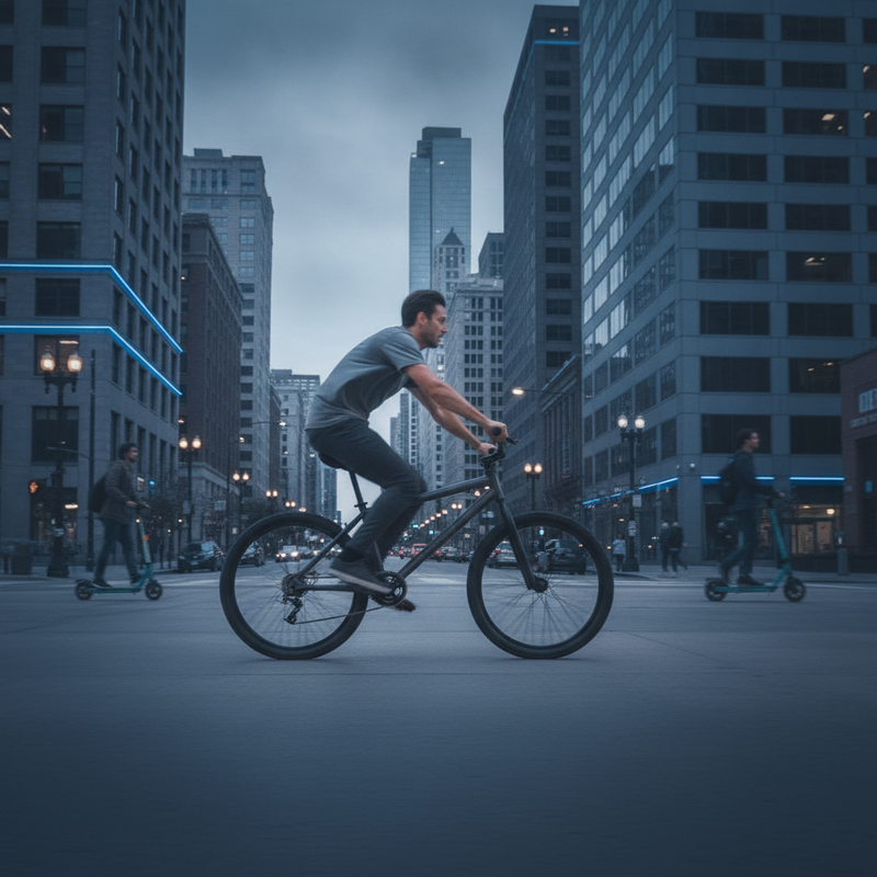 Person riding a mountain bike with silver aluminum alloy bike pegs on the rear axle through downtown Chicago.