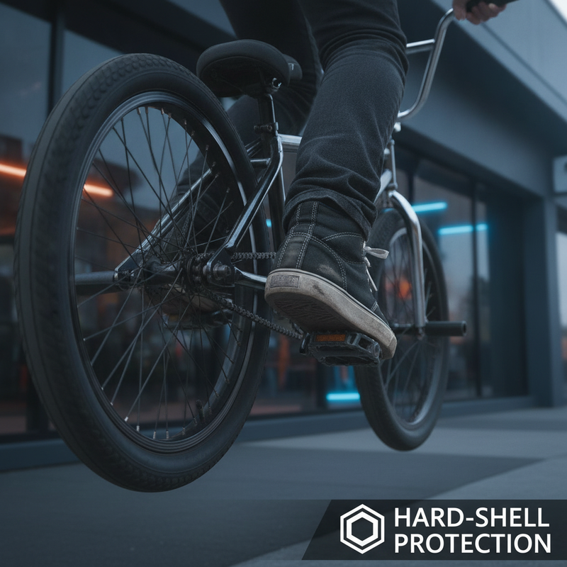 BMX bike with aluminum alloy anti-skid pegs attached to the rear axle during a stunt, rider's foot on a peg.
