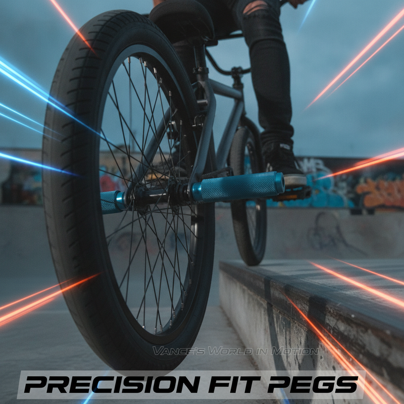 Close-up of slate blue and deep charcoal aluminum alloy bike pegs on a BMX bike's rear wheel, in action during a stunt in an 